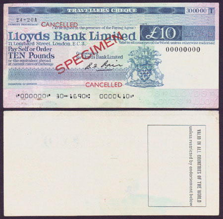 1970's Specimen 10 Pounds Lloyds Bank Ltd Travel. Cheque L000294